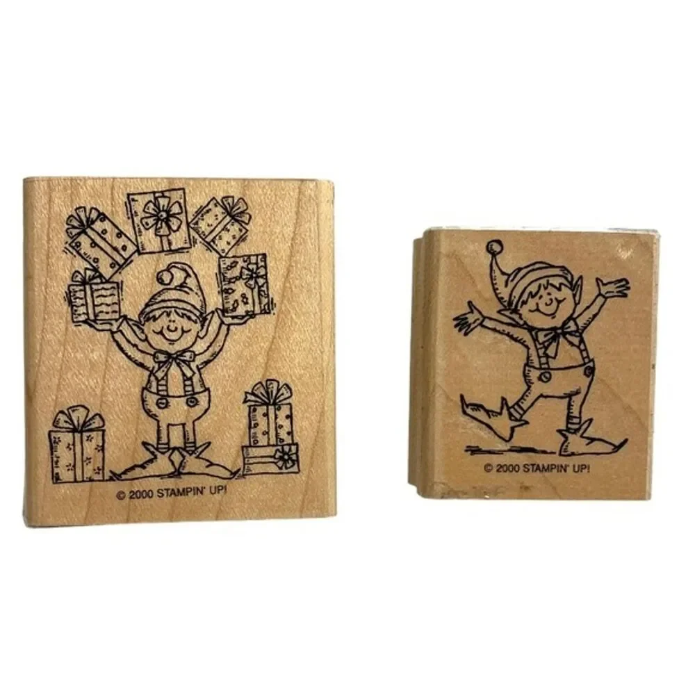 Vintage Stampin' Up!  2000 Christmas Santa’s Helpers Elf Wooden Block Stamp Set
